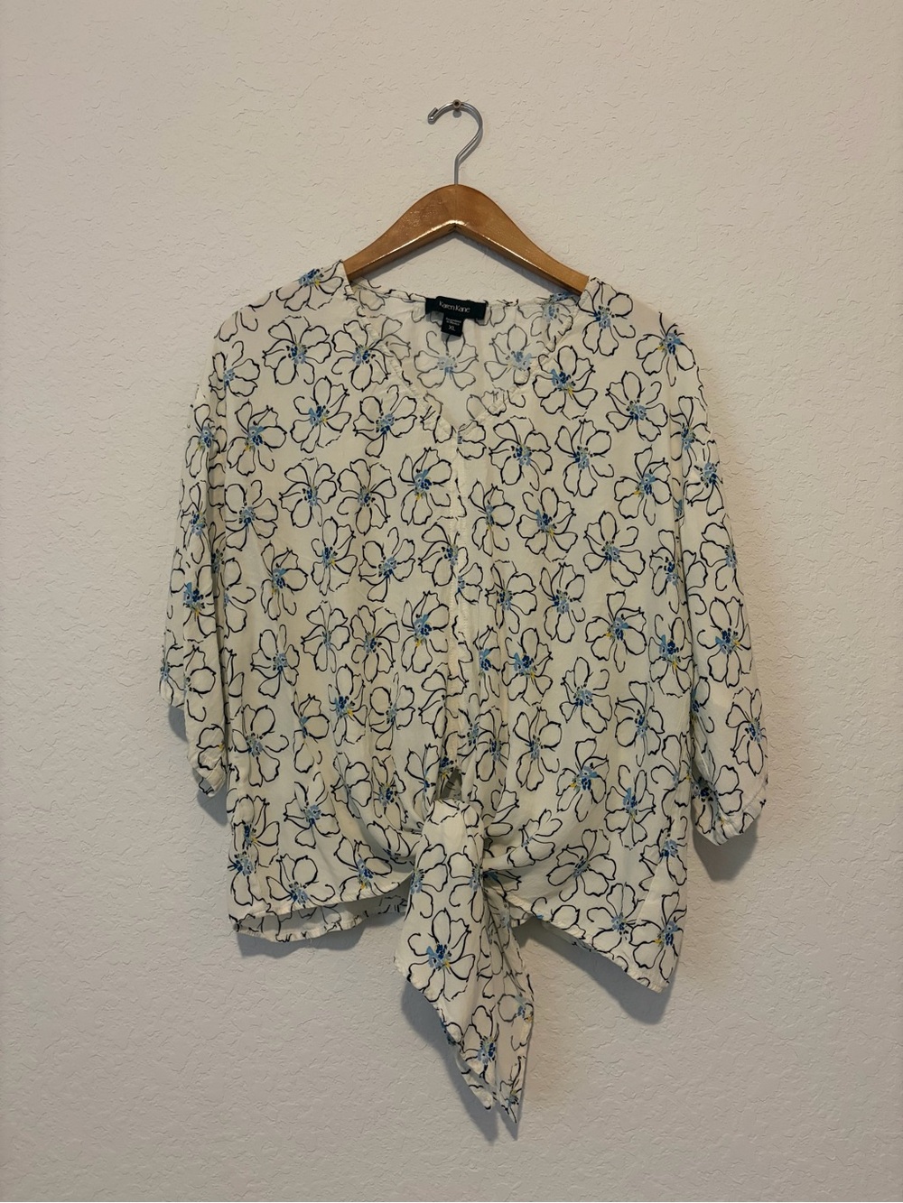 Karen Kane Cream Floral Tie-Front Blouse with Blue Accents